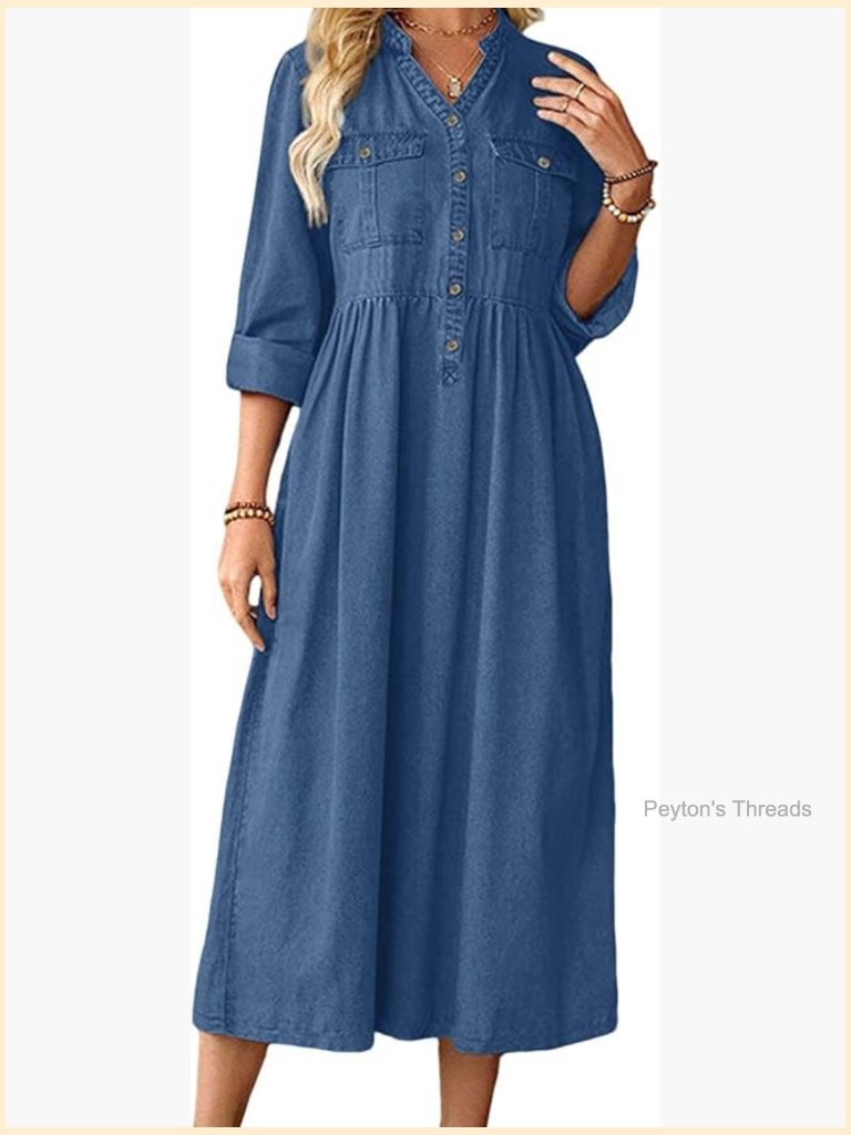 Casual Button Down High Waist Midi Denim Dress V Neck Pleated A-Line Long